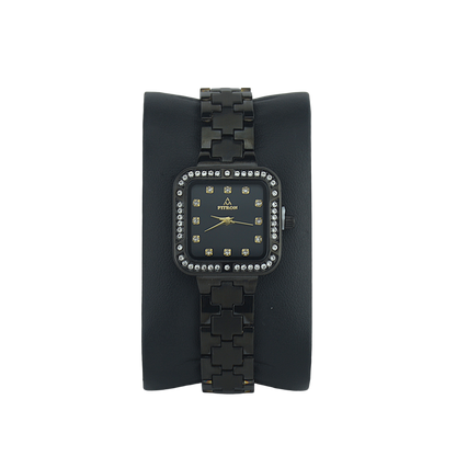 FITRON SQUARE WITH PREMIUM CRYSTALS 9962L BLACK DIAL - WOMEN'S QUARTZ