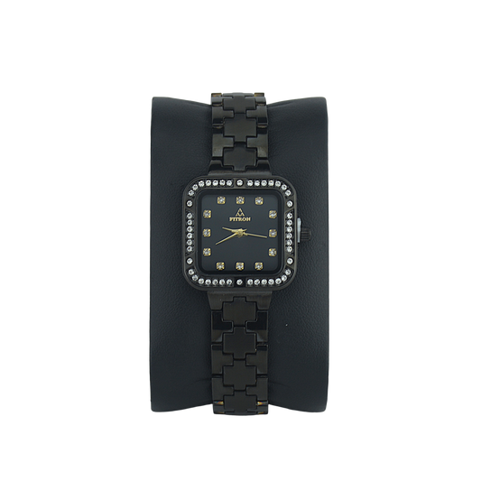 FITRON SQUARE WITH PREMIUM CRYSTALS 9962L BLACK DIAL - WOMEN'S QUARTZ