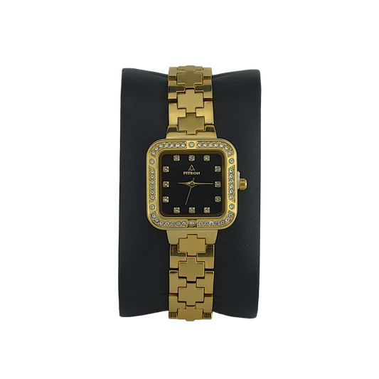 FITRON SQUARE WITH PREMIUM CRYSTALS 9962L BLACK DIAL - WOMEN'S QUARTZ