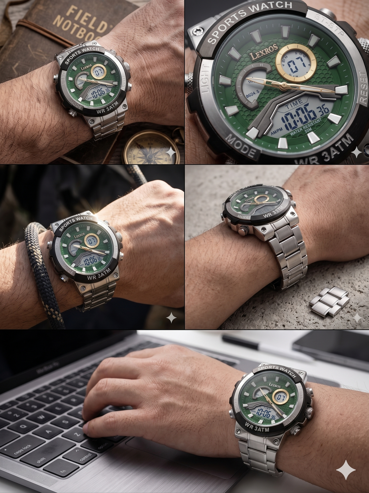 LEXROS WR3ATM/SPORTS WATCH LX-3051G GREEN DIAL - MEN'S QUARTZ
