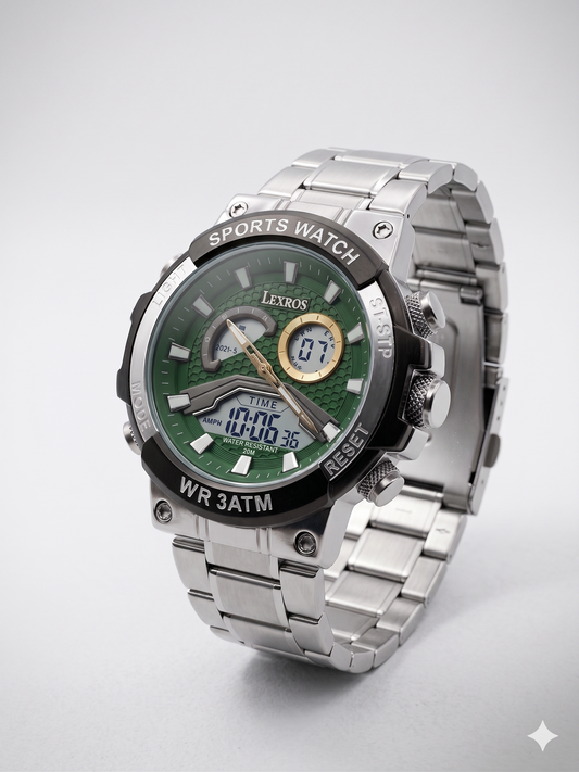 LEXROS WR3ATM/SPORTS WATCH LX-3051G GREEN DIAL - MEN'S QUARTZ