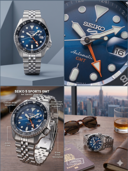 SEIKO 5 GMT VELOCITY BLUE SSK045K1 BLUE DIAL - MEN'S AUTOMATIC