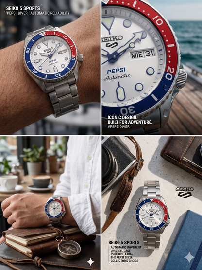 SEIKO WHITE PEPSI SRPL99K1 SILVER DIAL - MEN'S AUTOMATIC