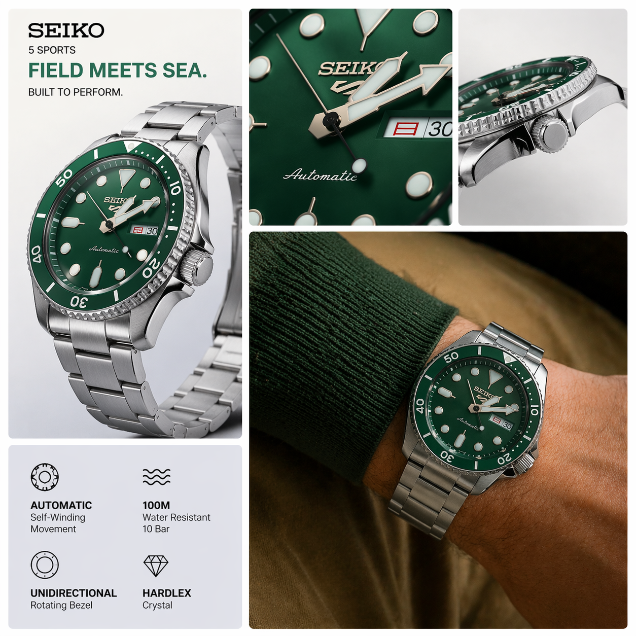 SEIKO 5 GMT SKX SERIES SRPD63K1 GREEN DIAL - MEN'S AUTOMATIC