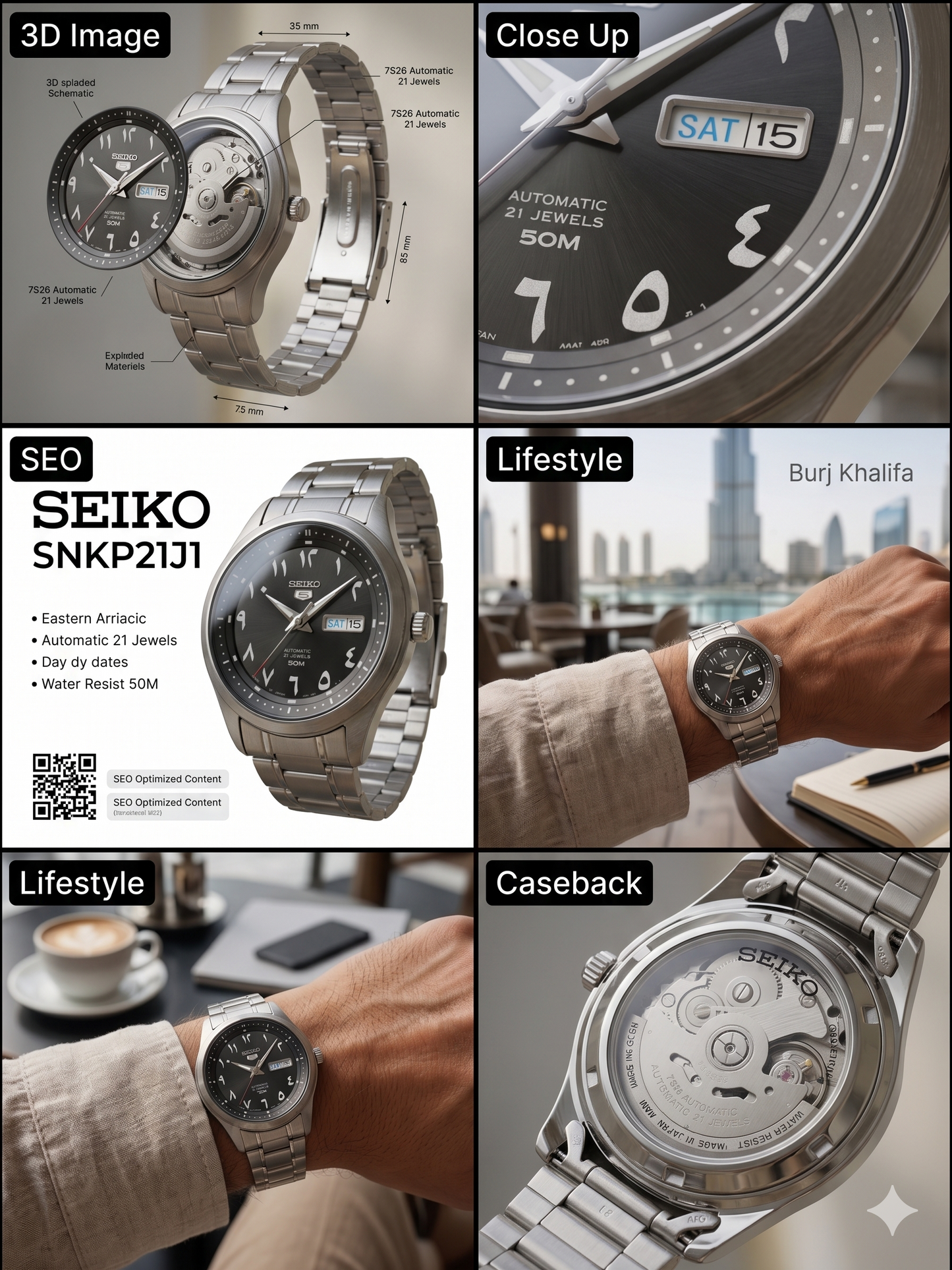 SEIKO 5 21 JEWELS ARABIC DIAL SNKP21J1 BLACK DIAL - MEN'S AUTOMATIC