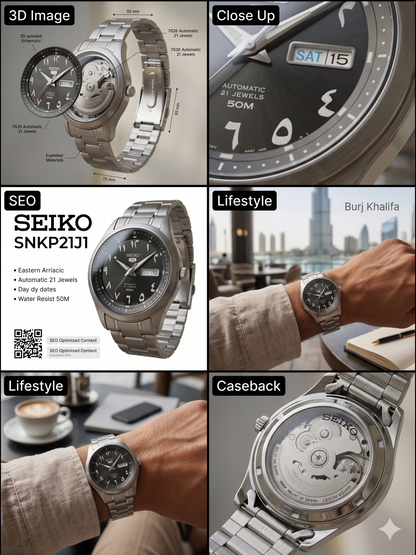 SEIKO 5 21 JEWELS ARABIC DIAL SNKP21J1 BLACK DIAL - MEN'S AUTOMATIC